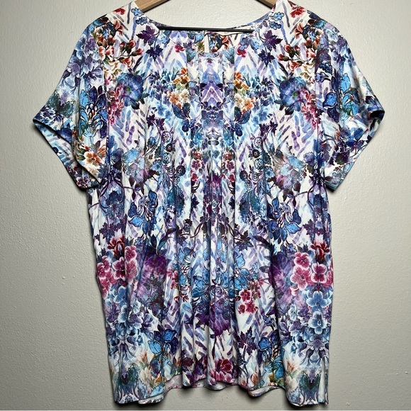 Soft Surroundings Tops - Soft Surroundings Women Santamar Top Petite Large Watercolor Floral Short Sleeve